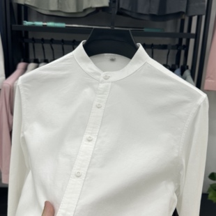 轻熟风穿搭男款立领纯棉长袖衬衫商务通勤风白色衬衣秋季外套宽松