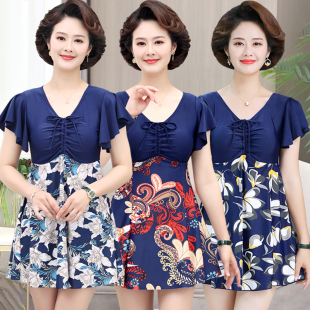 泡温泉带胸垫泳装 游泳衣女中年妈妈加肥大码 宽松保守显瘦遮肚裙式