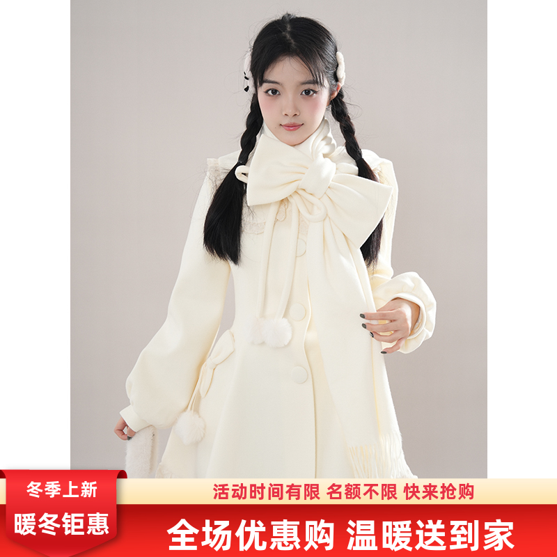 秋冬甜美风小个子围巾花边娃娃领毛球系带毛呢外套2025秋冬新款女