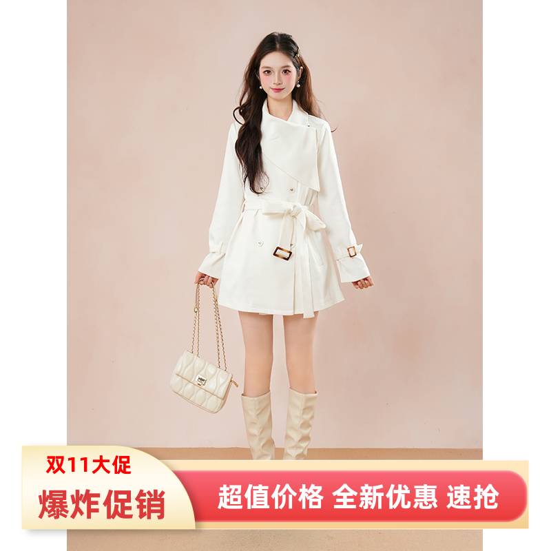 简约气质白月光双排扣系带风衣外套女2025秋季新款显瘦小个子大衣