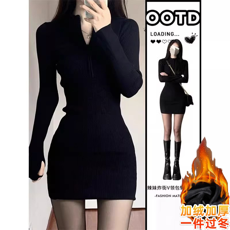 加绒针织长袖连衣裙子秋冬季2025年新款女装辣妹修身后妈裙包臀裙