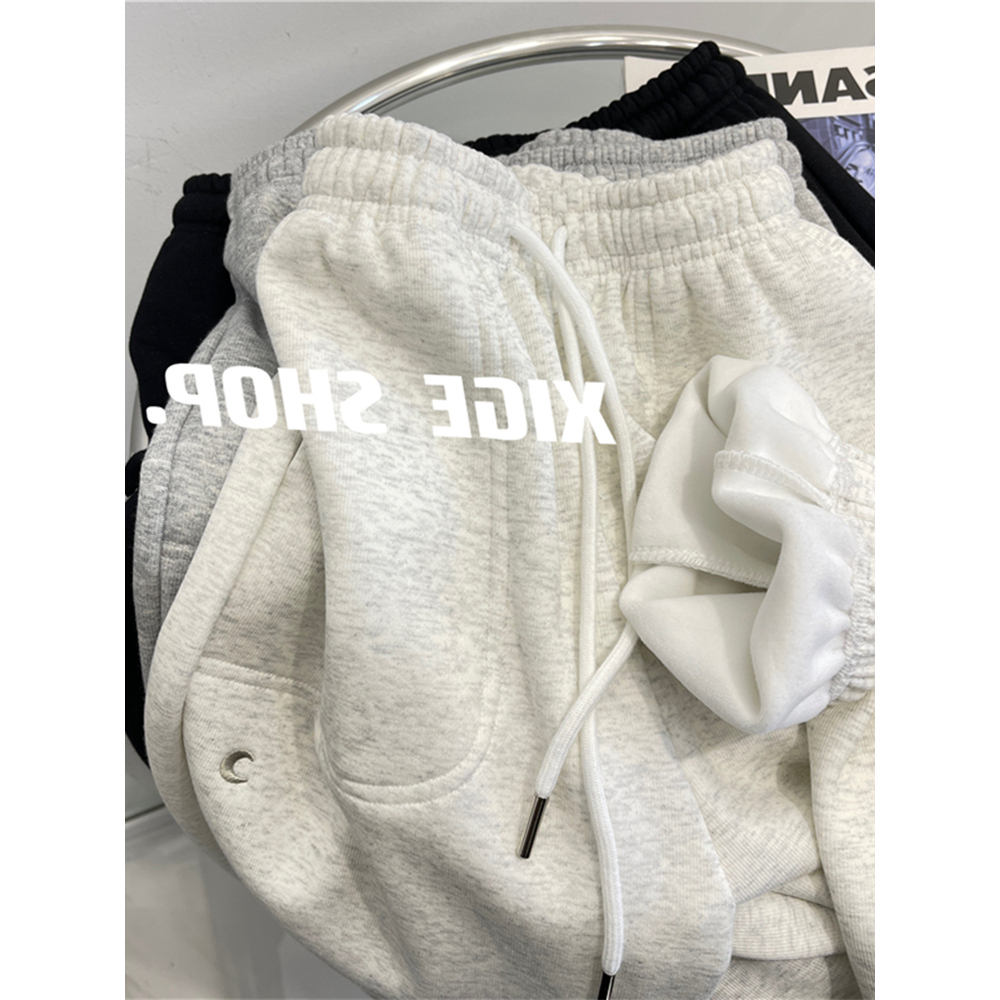 浅灰色加绒运动卫裤女秋冬慵懒风加厚高腰束脚裤子冬季欧货哈伦裤