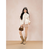 复古慵懒松弛感韩系气质优雅洋气巴恩风杏色立领短外套 连衣裙女