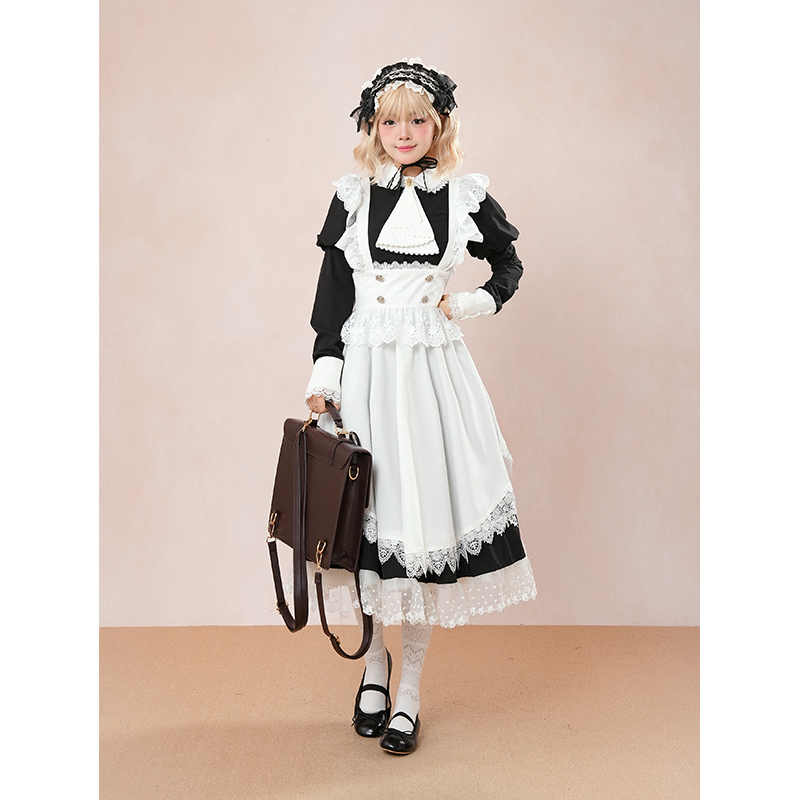 【十六夜】复古甜美lolita黑色修身古典女仆感连衣裙+围裙两件套