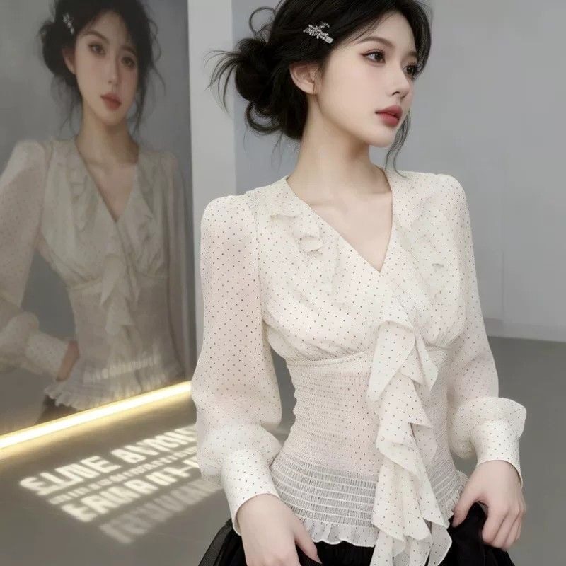 韩系雪纺波点花边长袖衬衫女春秋季v领收腰显瘦设计感辣妹风上衣