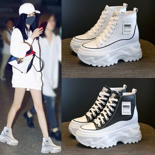 高帮鞋加绒厚底8cm真皮小白鞋女鞋2025秋冬新款内增高老爹休闲鞋