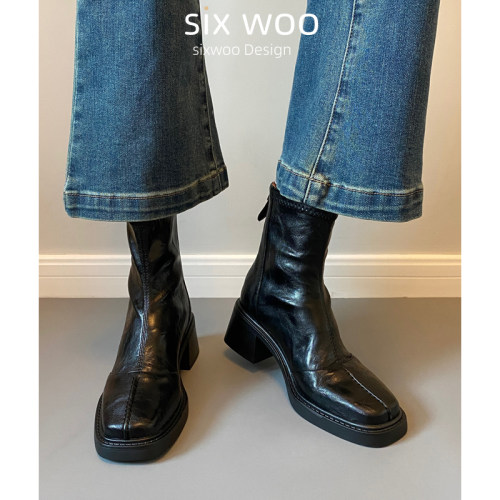 SIXWOO  复古高跟女短靴方头小众弹力靴秋冬粗跟做旧软皮瘦瘦靴