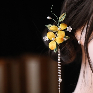 非遗绒花发饰国风森系仙女桂花头饰流苏发夹少女感旗袍配饰边夹