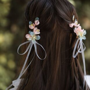 超仙甜妹对夹双马尾发夹古风长飘带仙女发饰 国风少女侧边夹头饰