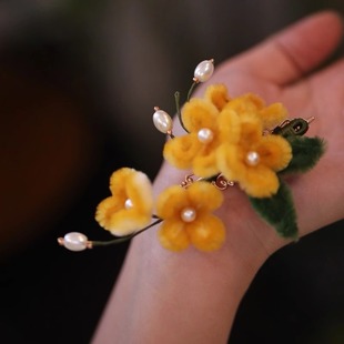 仿绒花古风桂花发夹丸子头花头饰汉服少女国风森系秋季发饰侧边夹