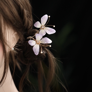 非遗手工绒花颤颤蝴蝶发簪头饰 森系仙女侧边花苞丸子头发饰簪子