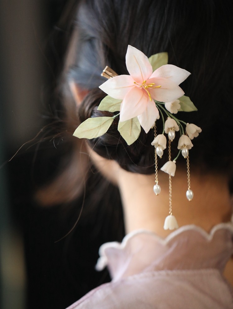 国风洛丽塔头饰 真丝烫花森系仙美铃兰流苏发夹汉服少女发饰边夹