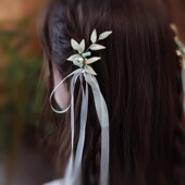 国风新中式 竹叶发夹2024新款 高端双马尾发饰少女风长飘带汉服头饰