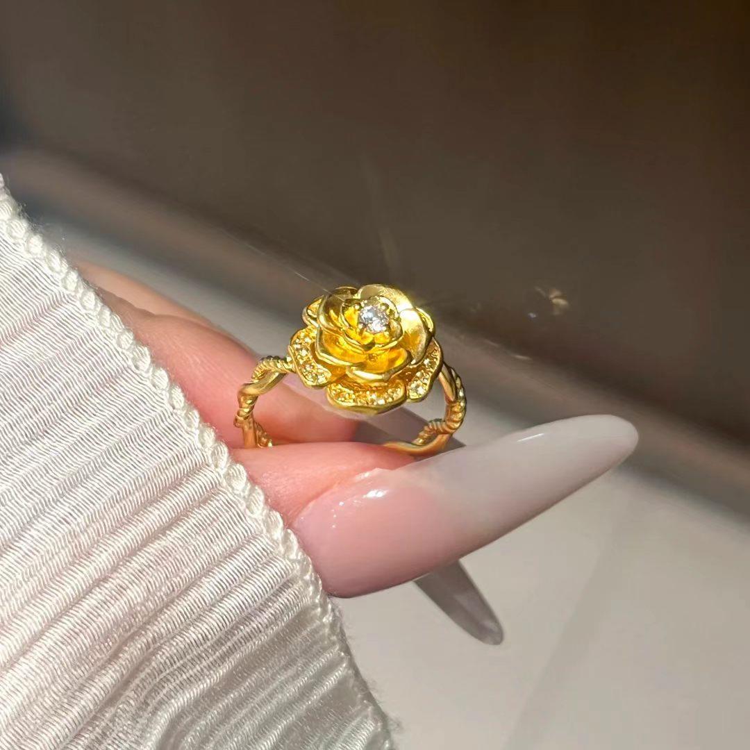 新款金色玫瑰戒指女款金色带钻玫瑰花时尚开口指环玫瑰花戒指指环