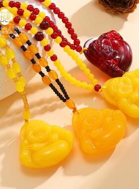 鸡油黄蜜蜡佛公吊坠项链男女款血珀黄琥珀项链二代民族风饰品