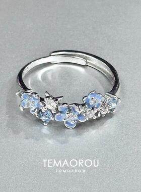 “星辰花戒”蓝色小繁花朵可调节银色戒指女甜美小众食指戒不掉色