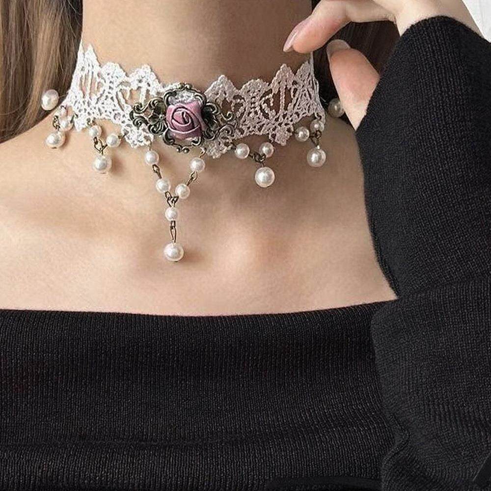 暗黑萝莉风蕾丝项圈 珍珠垂坠玫瑰颈链 宫廷洛丽塔茶会项链choker