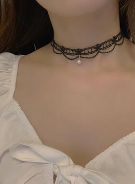 choker项链女白色蕾丝珍珠颈链少女气质项圈颈带超仙锁骨链脖饰