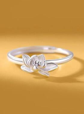 国风戒指女森系莲花设计复古时尚气质国风活口食指环银白色戒子环