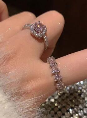 方糖粉色戒指~锆石镶钻高级感轻奢开口食指戒排钻爱心叠戴指环女