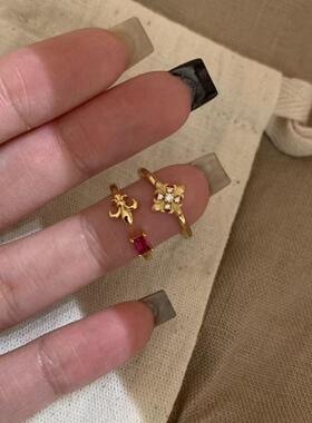 法式vintage中古十字鸢尾花红宝石尾戒小众气质高级感叠戴戒指女