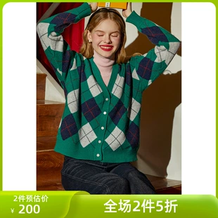 MORE2022冬季 女软糯风菱形格子短外套 针织开衫 ONE 新款 v领法式