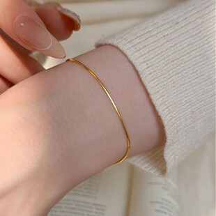 自制美国进口14K包金纤细圆蛇骨手链女欧美简约闪亮洗手不易褪色