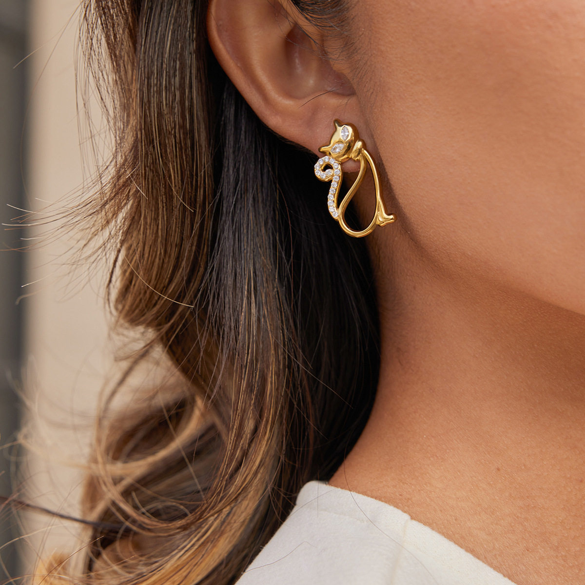 BLESS金色小猫925纯银18K金色耳环女可爱简约线条宠物耳钉通勤,饰品/流行首饰/时尚饰品新,银饰耳饰,淘宝优惠券,粉丝福利购,淘宝优惠卷