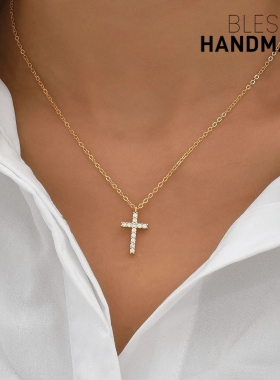 不掉色锆石十字进口14K金色项链