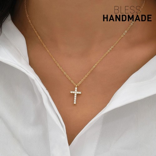 不掉色锆石十字进口14K金色项链