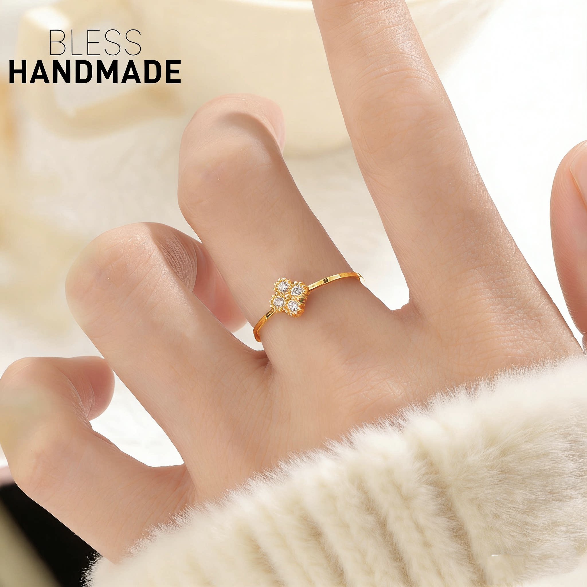 B家四叶草莫桑钻石美产14K包金戒指女K金色淑女优雅戒指女不掉色