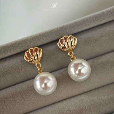 金贝壳正圆强光珍珠手作纯银耳饰