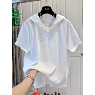 特大码 T恤女夏季 薄款 简约百搭宽松上衣潮 300斤复古蕾丝连帽短袖