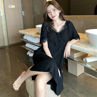 大码200斤带胸垫性感睡裙女夏季短袖中裙纯欲风夏天睡衣女连衣裙