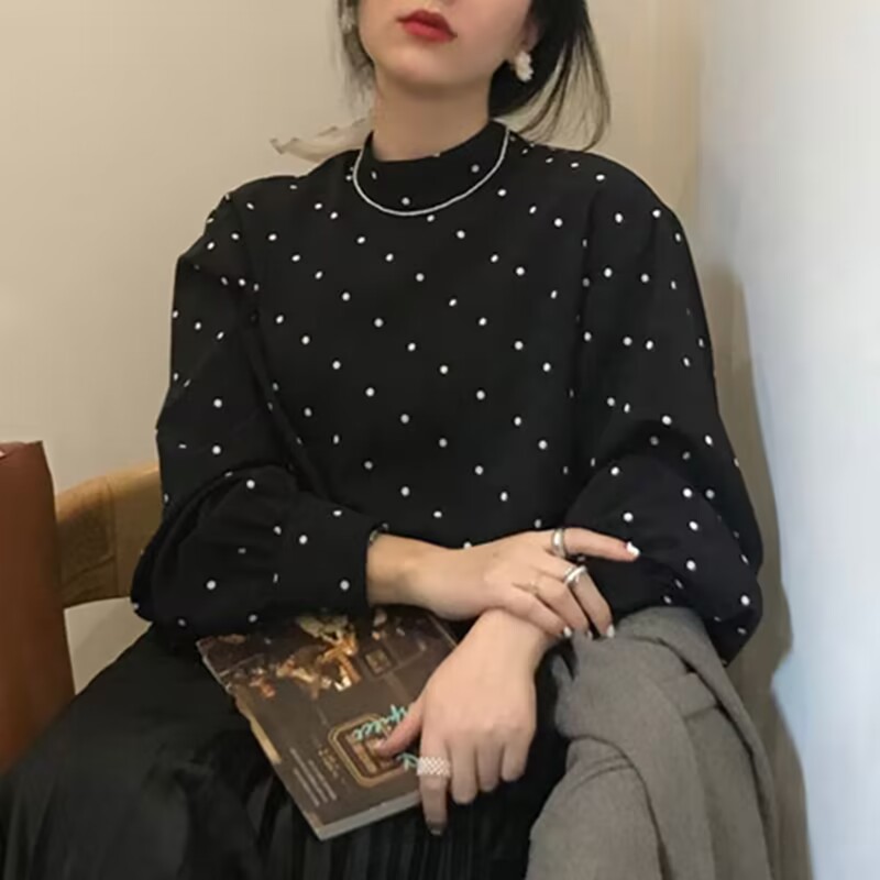 韩国chic法式复古黑白小波点半高领宽松泡泡袖打底衬衫上衣女