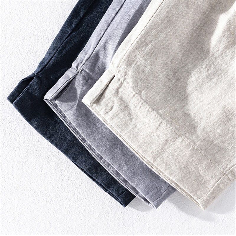 LINEN SHORTS CROPPED PANTS 2024 SUMMER LINEN THIN TETHER JAPANESE VINTAGE LOOSE FULL LINEN CASUAL SHORTS MEN