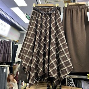 美拉德复古格子半身裙2025秋季 气质独特不规则百搭中长裙子女 新款