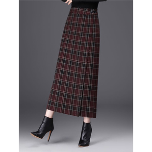 一片格子毛呢半身裙2025秋冬高腰新款气质包臀显瘦中长款直筒开叉