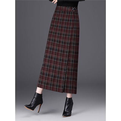 一片格子毛呢半身裙包臀中长款