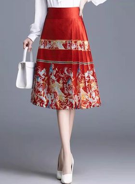 国风改良马面裙松紧高腰A字百褶半身长裙女春秋夏裙子2025新款裙