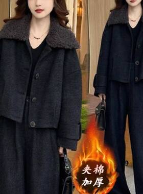 时尚套装女毛呢棉袄外套阔腿裤