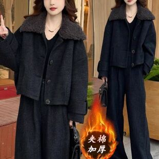 时尚套装女冬季新款韩版宽松夹棉保暖毛呢棉袄外套阔腿裤两件套潮