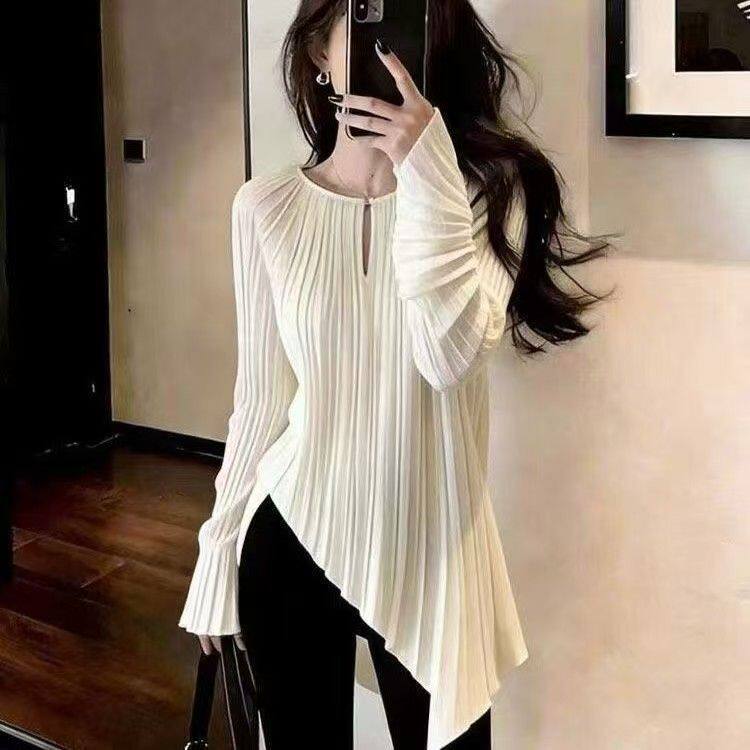 设计感米白色圆领长袖上衣女百搭显瘦压褶不规则下摆宽松春季常规