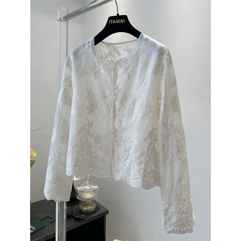 新中式中国风盘扣白色蕾丝衬衫女宽松2025春夏新款薄款防晒衫上衣,女装/女士精品,衬衫,淘宝优惠券,粉丝福利购,淘宝优惠卷