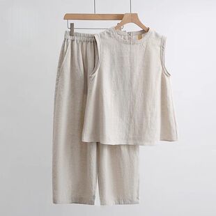亚麻套装女2015夏季新款短袖T恤阔腿衬衫棉麻九分休闲两件套