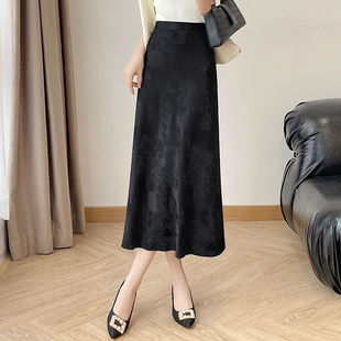 轻国风提花半身裙A字黑色长裙子 显瘦高腰新中式 2025春夏装 新款