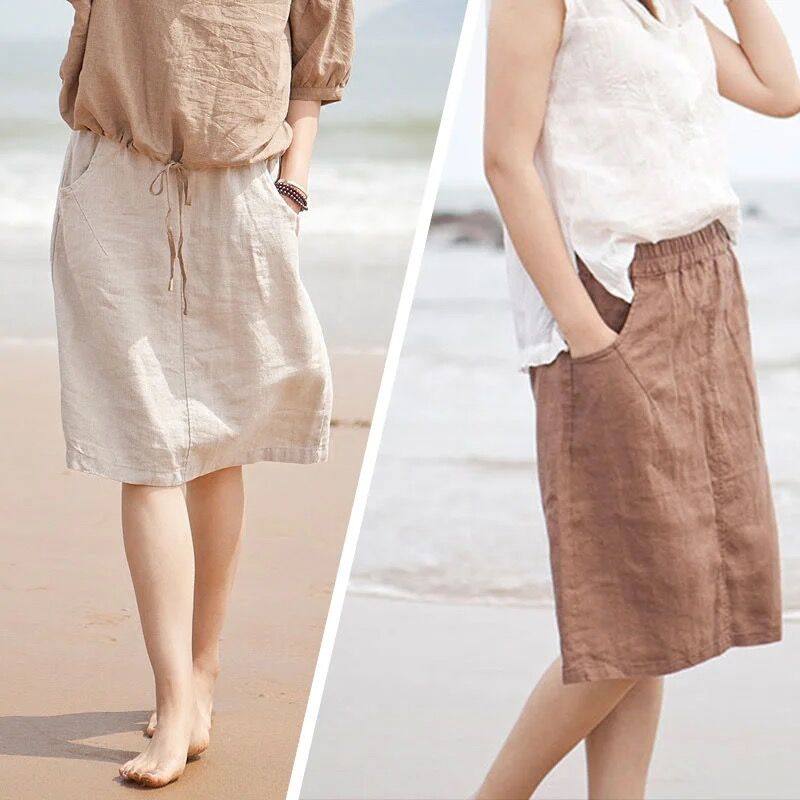 棉麻半身裙女春夏2024新款文艺复古纯色中裙韩版松紧口袋森系a字