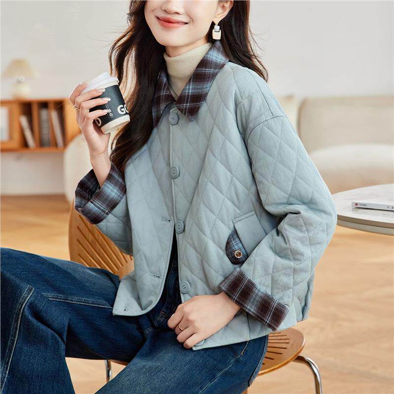 纯色菱格棉服女洋气夹棉外套