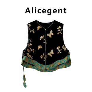 新中式国风高端丝绒马甲女装2025秋季新款黑色宋锦拼接时尚上衣潮