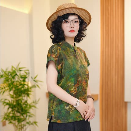 【原版正品】凉感双面穿上衣女立领盘扣透气人丝高品质宽松奶奶装